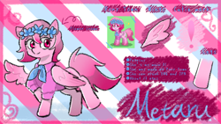 Size: 1280x720 | Tagged: safe, artist:metaruscarlet, derpibooru import, oc, oc only, oc:metaru scarlet, pegasus, pony, clothes, eye clipping through hair, female, looking at you, one wing out, pegasus oc, pony town, reference sheet, signature, smiling, smiling at you, solo, wings