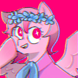 Size: 1280x1280 | Tagged: safe, artist:metaruscarlet, derpibooru import, oc, oc only, oc:metaru scarlet, pegasus, chromatic aberration, clothes, eyestrain warning, floral head wreath, flower, open mouth, simple background, smiling, solo