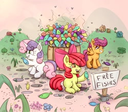 Size: 2000x1746 | Tagged: safe, artist:nedemai, derpibooru import, apple bloom, scootaloo, sweetie belle, earth pony, fish, fly, insect, pegasus, unicorn, atg 2022, cutie mark crusaders, female, filly, flower, foal, hoof hold, horn, newbie artist training grounds, raised hoof, raised leg, sign, smelly, this will end in bath time, wings, x eyes