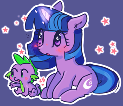 Size: 513x441 | Tagged: safe, artist:cutiesparke, derpibooru import, spike, twilight sparkle, dragon, pony, alternate cutie mark, baby, baby dragon, baby spike, blushing, crescent moon, cute, dark background, female, filly, filly twilight sparkle, foal, glowing, glowing horn, horn, looking sideways, male, moon, outline, simple background, spikabetes, stars, twiabetes, wingding eyes, younger