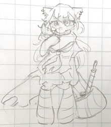 Size: 1434x1627 | Tagged: safe, artist:metaruscarlet, derpibooru import, oc, oc only, oc:anime-chan, pony, bag, clothes, ear piercing, earring, graph paper, jewelry, knife, piercing, school uniform, sketch, solo, standing, traditional art