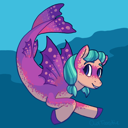 Size: 2000x2000 | Tagged: safe, artist:owltoastie, derpibooru import, oc, oc only, merpony, seapony (g4), artfight, digital art, dorsal fin, fin wings, fins, fish tail, ocean, smiling, solo, swimming, tail, underwater, water, wings