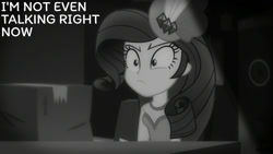 Size: 1280x720 | Tagged: safe, derpibooru import, edit, edited screencap, editor:quoterific, screencap, rarity, better together, equestria girls, rarity investigates: the case of the bedazzled boot, black and white, detective rarity, female, grayscale, monochrome, rarity investigates (eqg): trixie, solo, text