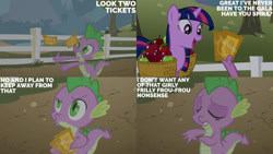 Size: 1280x720 | Tagged: safe, derpibooru import, edit, edited screencap, editor:quoterific, screencap, spike, twilight sparkle, unicorn twilight, dragon, pony, unicorn, season 1, the ticket master, duo, eyes closed, female, grin, male, mare, open mouth, open smile, smiling, text