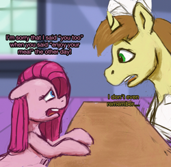 Size: 2098x2048 | Tagged: safe, artist:phutashi, derpibooru import, donut joe, pinkie pie, earth pony, pony, unicorn, atg 2022, dialogue, duo, ears, female, floppy ears, male, mare, newbie artist training grounds, pinkamena diane pie, stallion