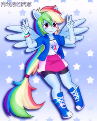 Size: 1280x1600 | Tagged: safe, artist:franticfoe, derpibooru import, rainbow dash, equestria girls, eyebrows, eyebrows visible through hair, female, peace sign, ponied up, signature, smiling, solo, spread wings, wings