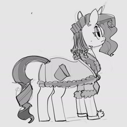 Size: 1816x1816 | Tagged: safe, artist:alumx, derpibooru import, rarity, pony, unicorn, bathrobe, bed mane, butt, clothes, female, frown, gray background, grayscale, lidded eyes, mare, monochrome, plot, rearity, robe, simple background, slippers, solo