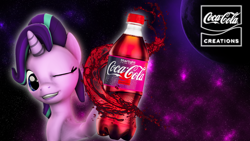 Size: 1920x1080 | Tagged: safe, artist:mlpstevepvb, derpibooru import, starlight glimmer, pony, unicorn, 16:9, 1920x1080, 3d, bottle, coca-cola, cute, glimmerbetes, grin, holding, logo, looking at you, namesake, one eye closed, planet, product placement, pun, smiling, smiling at you, soda bottle, solo, source filmmaker, space, space background, starlight coca-cola, visual pun, wink, winking at you