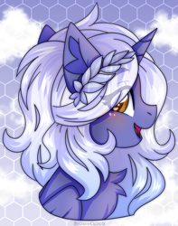 Size: 1620x2059 | Tagged: safe, artist:stormcloud, derpibooru import, oc, oc only, alicorn, pony, alicorn oc, blushing, bust, chest fluff, commission, female, folded wings, horn, looking at you, looking sideways, mare, open mouth, open smile, portrait, profile, side view, sky, sky background, smiling, smiling at you, solo, wings, wreath