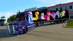 Size: 1600x900 | Tagged: safe, artist:morozovbrony, artist:yulyeen, derpibooru import, applejack, fluttershy, pinkie pie, rainbow dash, rarity, twilight sparkle, euro truck simulator 2, mane six, my little pony, princessluna, russian flag, truck, vehicle, volvo