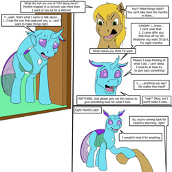 Size: 1280x1280 | Tagged: safe, artist:termyotter, derpibooru import, oc, oc only, changedling, changeling, pony, atg 2022, dialogue, duo, newbie artist training grounds, sweat