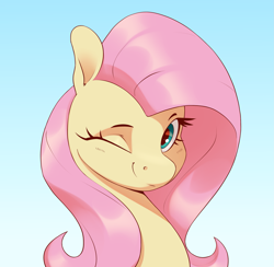 Size: 2819x2753 | Tagged: safe, artist:aquaticvibes, derpibooru import, fluttershy, pegasus, pony, blushing, bust, cute, female, gradient background, high res, looking at you, mare, one eye closed, portrait, shyabetes, smiling, smiling at you, solo, solo female, wink, winking at you