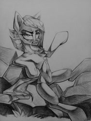 Size: 960x1280 | Tagged: safe, artist:tlen borowski, derpibooru import, limestone pie, earth pony, angry, leaning back, rock, traditional art