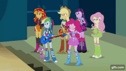 Size: 640x360 | Tagged: safe, derpibooru import, screencap, applejack, fluttershy, pinkie pie, rainbow dash, spike, sunset shimmer, twilight sparkle, dog, equestria girls, rainbow rocks, animated, applejack's hat, belt, boots, clothes, cowboy boots, cowboy hat, cutie mark on clothes, denim, denim skirt, electric guitar, eyes closed, female, gif, gifs.com, guitar, hairpin, hat, male, musical instrument, shoes, skirt, smiling, spike the dog, tambourine