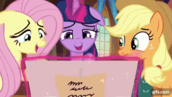 Size: 640x360 | Tagged: safe, derpibooru import, screencap, applejack, fluttershy, twilight sparkle, twilight sparkle (alicorn), alicorn, earth pony, pegasus, pony, season 5, the one where pinkie pie knows, ^^, animated, applejack's hat, baby, baby pony, babyjack, blushing, clothes, cowboy hat, cute, diaper, ears, eyes closed, female, floppy ears, foal, gif, gifs.com, hat, jackabetes, laughing, magic, mare, open mouth, open smile, shyabetes, smiling, telekinesis, trio, twiabetes, younger