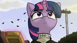 Size: 3840x2160 | Tagged: safe, artist:d3f4ult_4rt1st, derpibooru import, twilight sparkle, pony, abandoned, bag, chernobyl, clothes, magic, post-apocalyptic, s.t.a.l.k.e.r., saddle bag, solo, sweater, wind