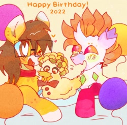 Size: 1280x1261 | Tagged: safe, artist:bug-roux, derpibooru import, oc, oc only, bird, changeling, duck, earth pony, pony, balloon, glasses, happy birthday, heart, one eye closed, open mouth, open smile, simple background, smiling