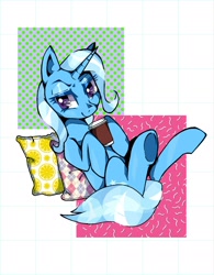 Size: 1470x1885 | Tagged: safe, artist:stacy_165cut, derpibooru import, trixie, pony, unicorn, coffee, cup, drink, female, hoof hold, horn, looking at you, lying down, mare, on back, partial background, pillow, simple background, solo, steam, underhoof, white background