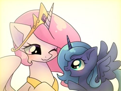 Size: 2006x1515 | Tagged: safe, artist:namaenonaipony, derpibooru import, princess celestia, princess luna, alicorn, pony, bust, cute, duo, duo female, female, filly, foal, horn, jewelry, looking at each other, looking at someone, mare, one eye closed, open mouth, open smile, pink-mane celestia, profile, raised hoof, raised leg, regalia, simple background, smiling, spread wings, white background, wings, woona, younger