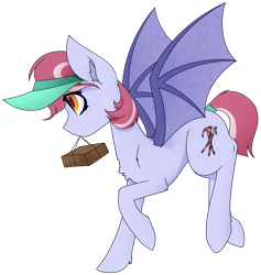 Size: 2153x2274 | Tagged: safe, artist:those kids in the corner, derpibooru import, oc, oc only, oc:peppermint parcel, bat pony, pony, bat pony oc, female, flying, hair tie, hat, high res, mare, package, simple background, solo, transparent background, wings