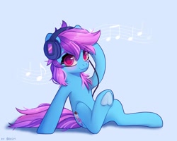 Size: 2500x2000 | Tagged: safe, artist:shelti, derpibooru import, oc, oc only, oc:nohra, earth pony, pony, blushing, earth pony oc, eyebrows, female, headphones, listening to music, looking at you, mare, music notes, simple background, smiling, solo