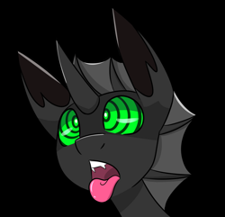 Size: 2141x2060 | Tagged: safe, artist:askhypnoswirl, derpibooru import, oc, oc only, changeling, black background, fangs, high res, hypno eyes, hypnosis, hypnotized, kaa eyes, male, open mouth, simple background, solo, stallion, swirly eyes, tongue, tongue out