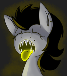 Size: 1800x2048 | Tagged: safe, artist:askhypnoswirl, derpibooru import, oc, oc only, earth pony, pony, colored tongue, ear piercing, eyes closed, female, mare, open mouth, piercing, sharp teeth, simple background, solo, teeth, tongue, tongue out, yellow background