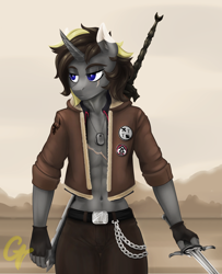 Size: 1382x1701 | Tagged: safe, artist:ctamina, derpibooru import, oc, oc only, anthro, unicorn, abs, clothes, desert, femboy, gloves, male, outfit, patch, scar, sword, weapon