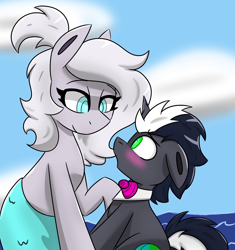 Size: 1922x2048 | Tagged: safe, artist:askhypnoswirl, derpibooru import, oc, oc only, oc:hypno swirl, merpony, pony, unicorn, blushing, bowtie, cloud, ears, floppy ears, looking into each others eyes, looking up, ocean, ponytail, sitting, smiling, solo, water