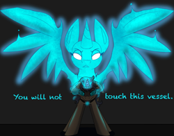 Size: 2048x1602 | Tagged: safe, artist:askhypnoswirl, derpibooru import, oc, oc only, alicorn, pony, unicorn, context needed, dialogue, front view, jewelry, lidded eyes, magic, necklace, possessed, protecting, simple background, solo, sombra eyes, spirit, spread wings, wings