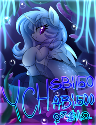 Size: 1257x1627 | Tagged: safe, artist:kannakiller, derpibooru import, alicorn, mermaid, merpony, pony, seapony (g4), advertisement, auction, auction open, bubble, commission, corals, digital art, dorsal fin, female, fish tail, glowing, horn, looking back, mare, ocean, scales, seaquestria, seaweed, sketch, smiling, solo, swimming, tail, underwater, water, wings, ych sketch, your character here