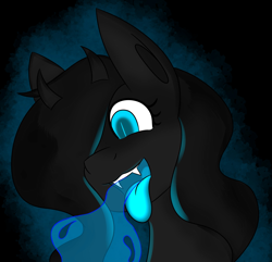 Size: 2048x1976 | Tagged: safe, artist:askhypnoswirl, derpibooru import, oc, oc only, demon, demon pony, pony, black background, blue eyes, colored tongue, female, hair over one eye, horns, mare, open mouth, simple background, solo, soul vore, vore