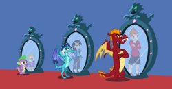 Size: 1600x832 | Tagged: safe, artist:magerblutooth, derpibooru import, garble, princess ember, spike, dragon, human, arm behind back, commission, crossed arms, human counterpart, humanized, mirror, story included