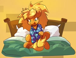 Size: 1903x1455 | Tagged: safe, artist:applephil, derpibooru import, applejack, earth pony, pony, bed, bed mane, clothes, female, hair tie, mare, messy mane, mouth hold, pajamas, sitting, solo, tail tie