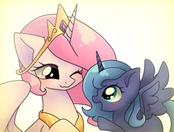 Size: 2006x1515 | Tagged: safe, artist:namaenonaipony, derpibooru import, princess celestia, princess luna, alicorn, pony, bust, cute, duo, duo female, female, filly, foal, horn, jewelry, looking at each other, looking at someone, mare, one eye closed, open mouth, open smile, pink-mane celestia, profile, raised hoof, raised leg, regalia, simple background, smiling, spread wings, white background, wings, woona, younger