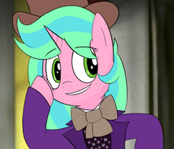 Size: 855x732 | Tagged: safe, artist:truthormare, oc, oc only, oc:lily pop, pony, unicorn, bowtie, clothes, condescending wonka, crossover, featured image, female, freckles, grin, hat, mare, meme, ponified, ponified meme, smiling, solo, suit, top hat, willy wonka, willy wonka and the chocolate factory