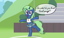 Size: 625x368 | Tagged: safe, artist:truthormare, flowerescent, pony, unicorn, background pony, belly button, bipedal, bleachers, cheerleader, cheerleader outfit, clothes, dialogue, female, las pegasus resident, looking at you, mare, skirt, solo, speech bubble, standing, standing on one leg, sweat, tanktop, text