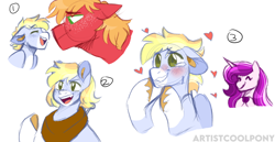 Size: 2328x1200 | Tagged: safe, artist:artistcoolpony, derpibooru import, big macintosh, oc, oc:thunder clap, earth pony, pegasus, pony, unicorn, blushing, bust, ears, father and child, father and son, floating heart, floppy ears, freckles, heart, horse collar, magical lesbian spawn, male, offspring, parent and child, parent:big macintosh, parent:fleur-de-lis, parent:princess cadance, parent:rainbow dash, parents:fleurdance, parents:rainbowmac, simple background, teary eyes, trans male, transgender, unnamed oc, white background