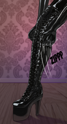 Size: 1256x2305 | Tagged: safe, artist:transfaled, derpibooru import, octavia melody, anthro, plantigrade anthro, bodysuit, boots, catsuit, clothes, dominatrix, dressing, female, high heel boots, high heels, latex, latex suit, platform heels, shoes, solo, zipper