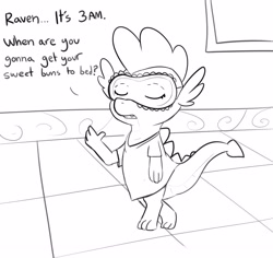 Size: 4096x3861 | Tagged: safe, artist:tjpones, derpibooru import, raven, spike, dragon, black and white, commission, dialogue, female, grayscale, implied raven, implied ravenspike, male, monochrome, nightshirt, ravenspike, shipping, sleep mask, solo, straight