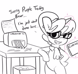 Size: 4096x3861 | Tagged: safe, artist:tjpones, derpibooru import, raven, spike, pony, unicorn, bipedal, black and white, commission, dialogue, female, grayscale, implied spike, levitation, magic, male, mare, monochrome, paper shredder, partial color, pencil behind ear, ravenspike, shipping, simple background, solo, straight, suspicious, telekinesis, white background