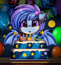 Size: 2340x2500 | Tagged: safe, artist:pridark, derpibooru import, oc, oc only, oc:astral flare, bat pony, pony, balloon, birthday, cake, candle, food, solo