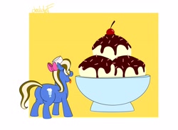 Size: 4096x3004 | Tagged: safe, artist:doublef-returns, derpibooru import, oc, oc:sundae shake, earth pony, pony, butt, chubby, food, ice cream, plot, simple background, solo, this will end in weight gain, tongue, tongue out