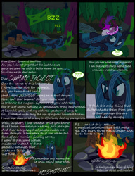 Size: 1042x1358 | Tagged: safe, artist:dendoctor, derpibooru import, queen chrysalis, changeling, changeling queen, comic:clone.., g4, alternate universe, campfire, comic, female, fire, glowing, glowing horn, horn, letter, log, magic, sleeping, telekinesis, tree, winter is coming