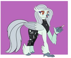 Size: 1249x1021 | Tagged: safe, alternate version, artist:cosmonaut, derpibooru import, classical hippogriff, hippogriff, cigarette, clothes, colored, crossover, fang (goodbye volcano high), female, flat colors, goodbye volcano high, hippogriffied, jewelry, looking at you, necklace, solo, species swap, torn clothes