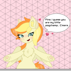 Size: 1080x1080 | Tagged: safe, artist:sodapop sprays, derpibooru import, oc, oc:sodapop sprays, pegasus, pony, blushing, chest fluff, digital art, female, food, glowing, glowing eyes, gray, green, happy, heart, looking at you, mare, missing cutie mark, nose blush, orange, peach, pink, pogchamp, poggers, solo, speech bubble, talking, talking to viewer, text, underhoof, yellow