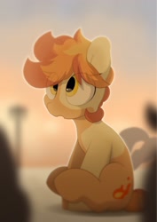 Size: 1810x2555 | Tagged: safe, artist:mochi_nation, derpibooru import, oc, oc only, oc:flame egg, earth pony, pony, :o, coat markings, eye clipping through hair, female, looking up, mare, offscreen character, open mouth, silhouette, sitting, solo focus