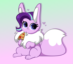 Size: 3175x2782 | Tagged: safe, artist:kittyrosie, derpibooru import, part of a set, starlight glimmer, cute, eevee, floating heart, fluffy, food, glimmerbetes, gradient background, heart, pizza, pokefied, pokémon, species swap, sweet dreams fuel