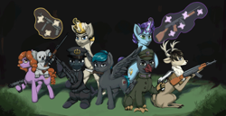 Size: 2101x1080 | Tagged: safe, artist:monx94, derpibooru import, oc, oc:harmonious justice, oc:katherine, deer, earth pony, griffon, koala, original species, pegasus, pony, shark, shark pony, unicorn, ak, ak-47, assault rifle, desert eagle, full body, group, gun, military, mp 40, rifle, shotgun, sniperskya vintovka dragunova, submachinegun, tommy gun, uzi, weapon