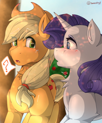 Size: 1518x1832 | Tagged: safe, artist:nanazdina, derpibooru import, applejack, rarity, earth pony, pony, unicorn, blushing, couple, female, ibispaint x, lesbian, rarijack, shipping